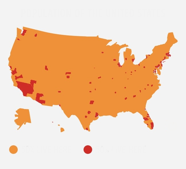 Popullimi n Shtetet e Bashkuara t Ameriks: 50% jetojn te zona portokalli dhe 50% te zona e kuqe.