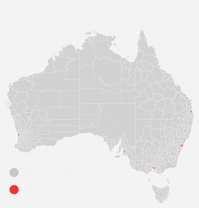 Popullimi n Australi: 50% jetojn te zona gri dhe 50% jetojn te zona e kuqe.