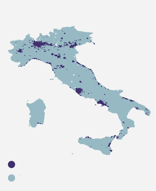 Popullimi n Itali: 50% jetojn te zona gri dhe 50% te zona blu.