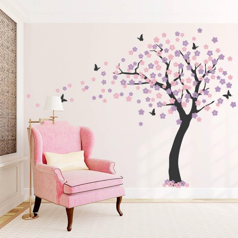 Afishat e murit për dhomat e ndenjes, pemë me zogj